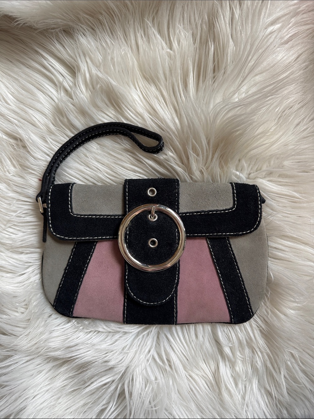 Areosoles Vintage Chick Black, Grey & Pink Suede Clutch with Silver Hardware